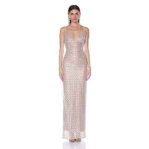 Bronx & Banco Allegra Silver Sequin Pearl Embellished Maxi Dress XS NWOT